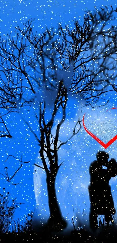 Silhouette of a couple under a starry night sky with a red heart.