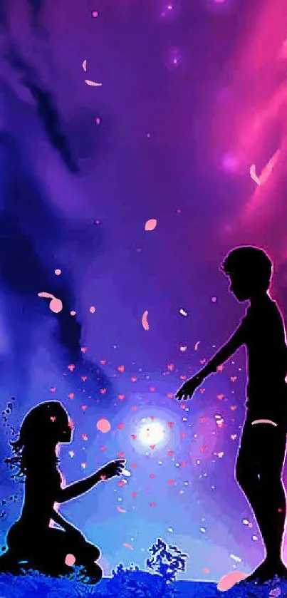 Silhouetted figures against a purple night sky with glowing orb.