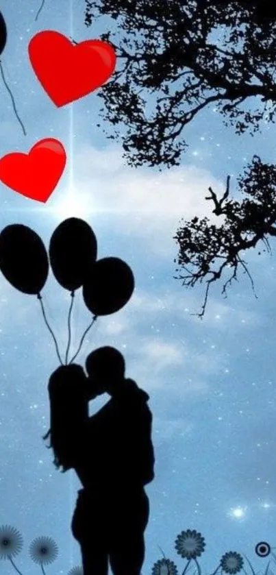 Silhouette couple under starry sky with balloons and hearts.