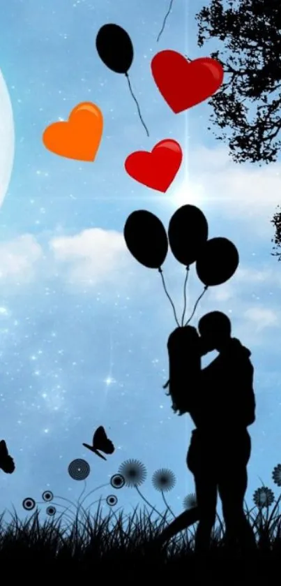 Romantic silhouette with balloons against a starry blue night sky.