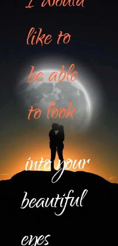 Silhouette couple under a moonlit sky with a romantic quote.