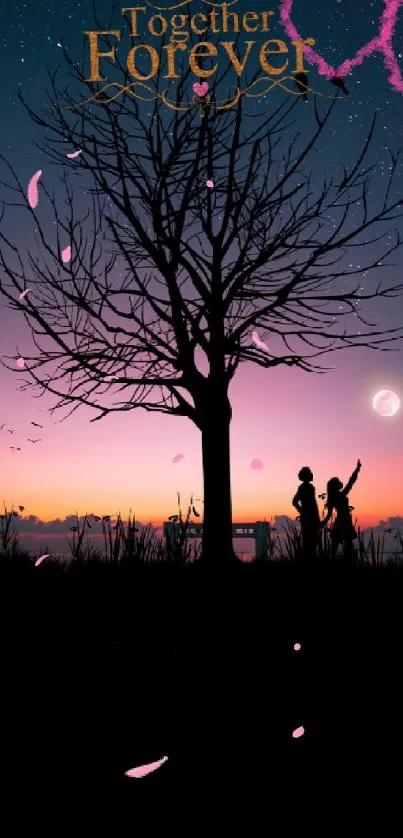 Romantic silhouette under a starlit sky with 'Together Forever' message.