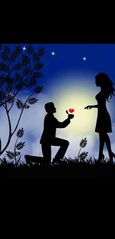 Romantic silhouette of a couple proposing under a starlit night sky.