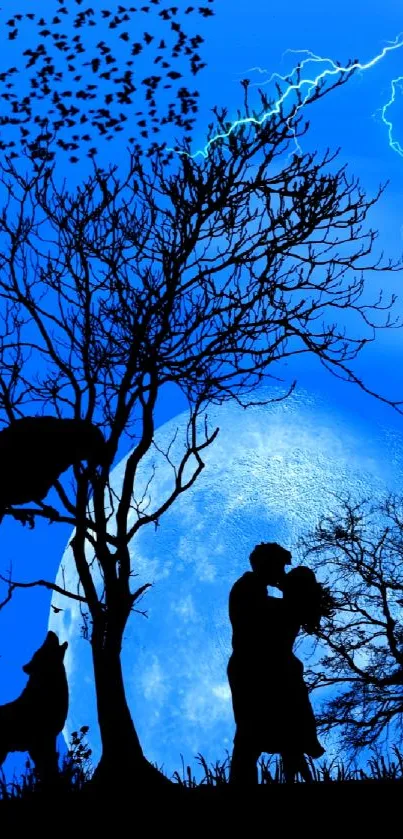 Romantic silhouette couple with a moonlit night sky.