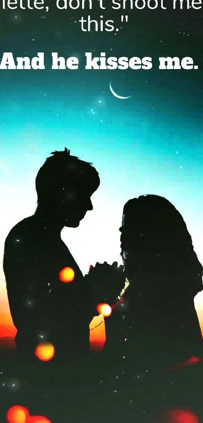 Silhouette of romantic couple with quote at sunset.