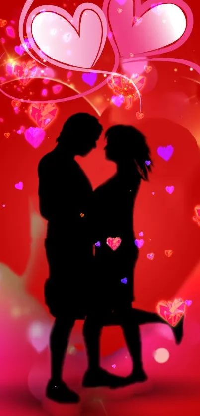 Romantic silhouette of a couple with heart background in red tones.