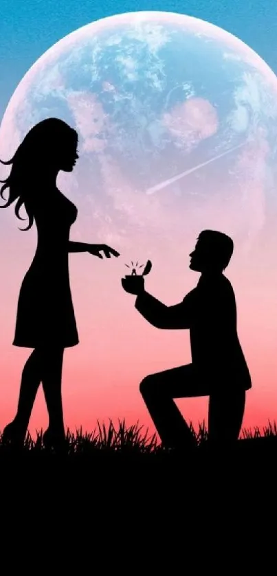 Silhouette of a couple proposing under a large moon with a pink and blue sky.