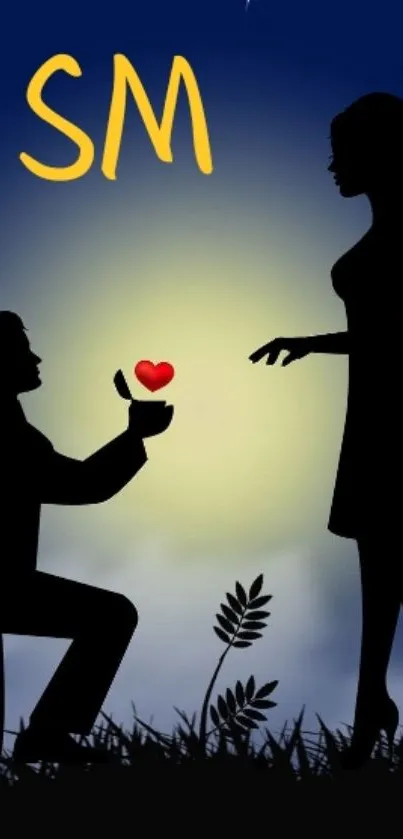 Silhouette of a man proposing with a heart under a moonlit sky.