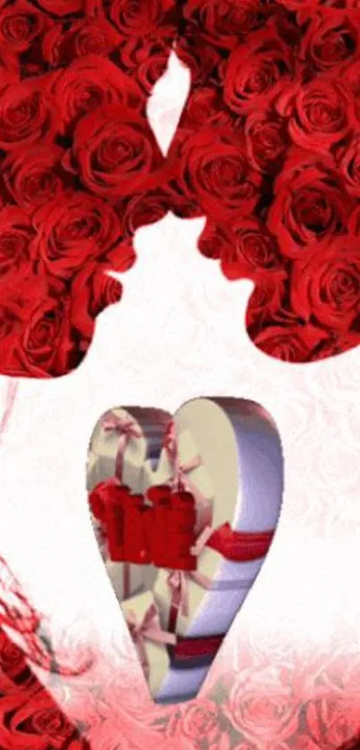 Romantic couple silhouette made of red roses with a heart design.