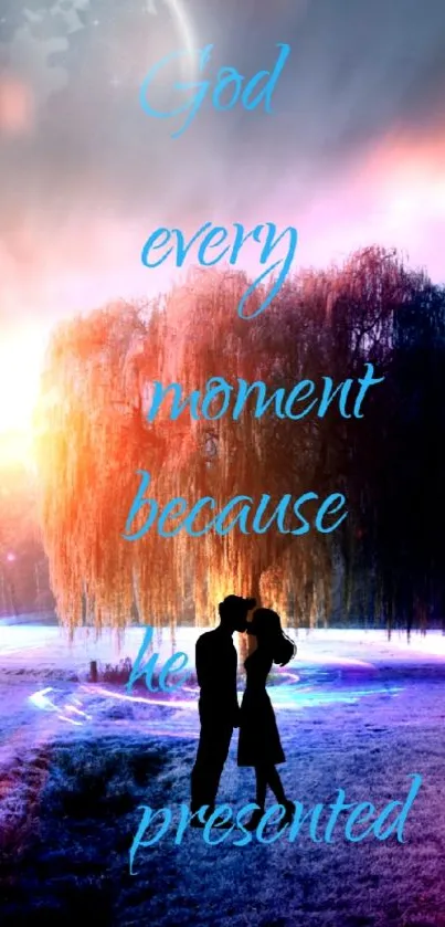 Silhouette of couple under vibrant, colorful sky with text overlay.