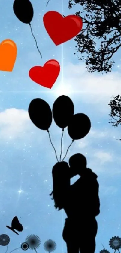 Romantic couple silhouette with balloons under starry sky.