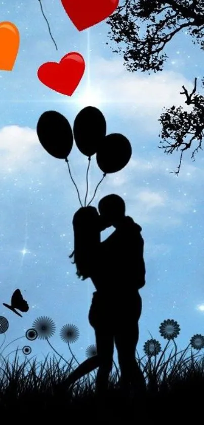 Silhouette of a couple kissing with balloons against a starry sky.