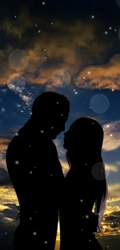 Silhouette couple under starry evening sky wallpaper.