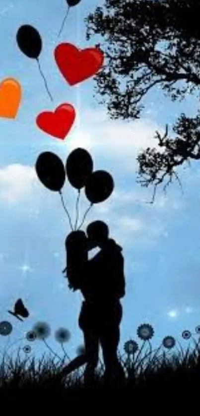 Romantic silhouette under starry sky with heart balloons.