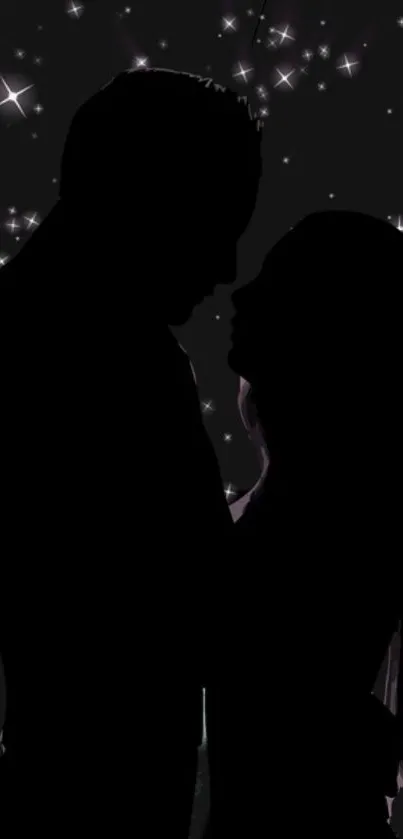 Romantic couple silhouette with stars in black night sky wallpaper.