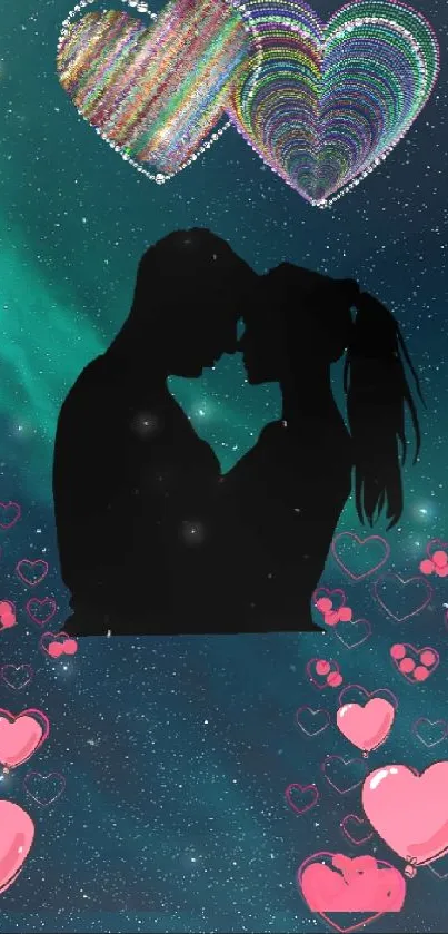 Romantic silhouette with colorful hearts and starry sky background.