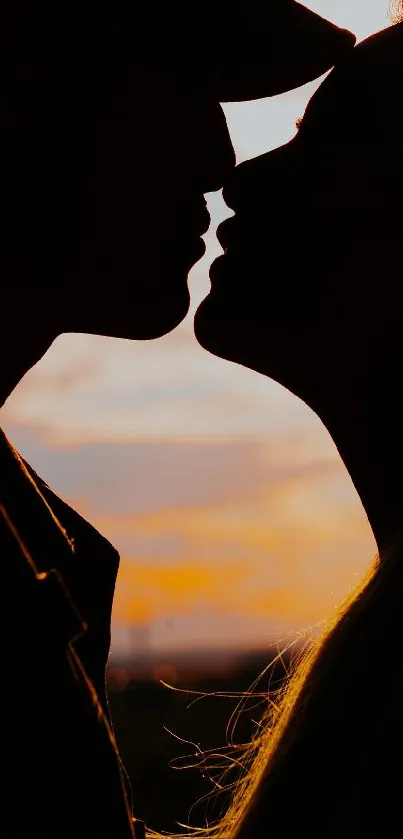 Silhouette of a couple kissing at sunset.