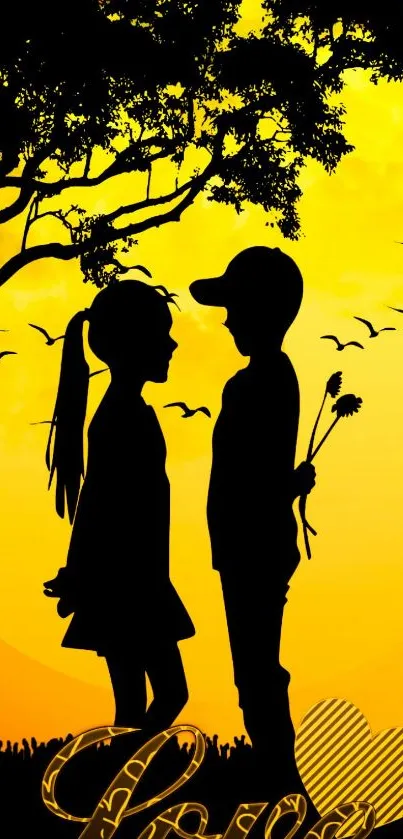 Silhouetted couple at sunset with heart design.