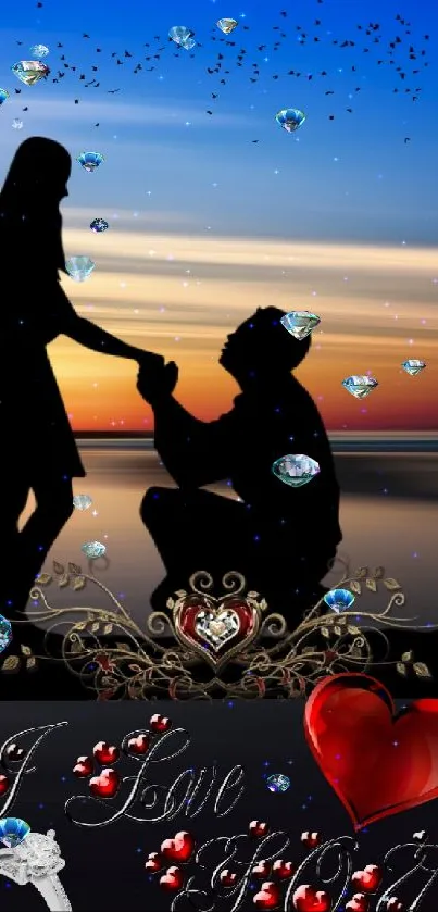 Silhouette of a couple proposing at sunset with a heart design on a serene backdrop.