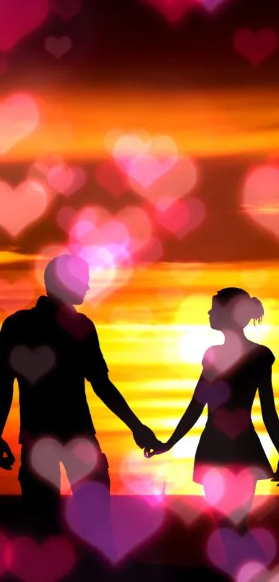 Silhouetted couple holds hands against a vibrant orange sunset with heart overlays.