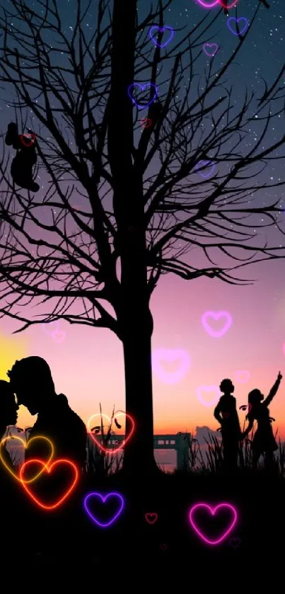 Romantic couple silhouette at sunset under a starry sky with a tree.