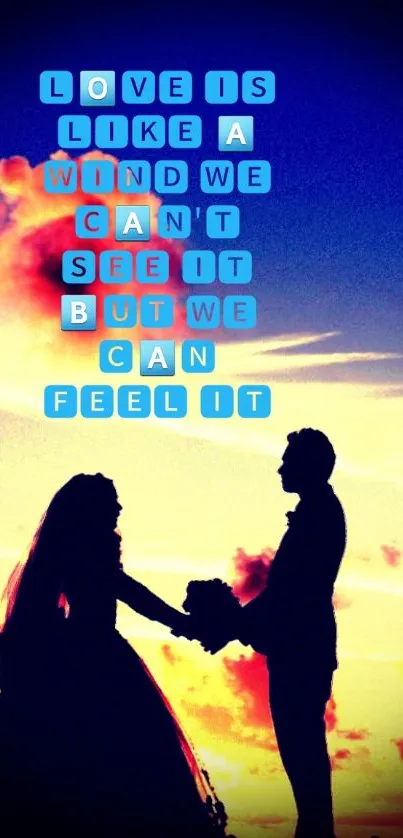 Romantic couple silhouette against a vibrant sunset with a love quote.