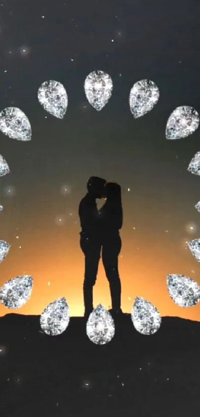 Silhouette of a couple at sunset with diamond circle on mobile wallpaper.