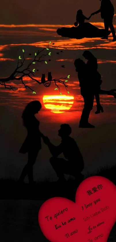 Silhouette of couples in love under a sunset with a heart and love phrases.