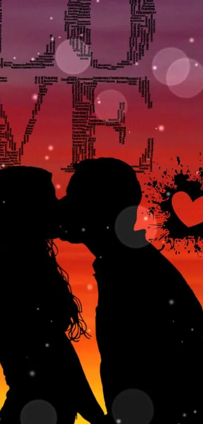 Silhouette of a couple kissing at sunset with love text and heart.