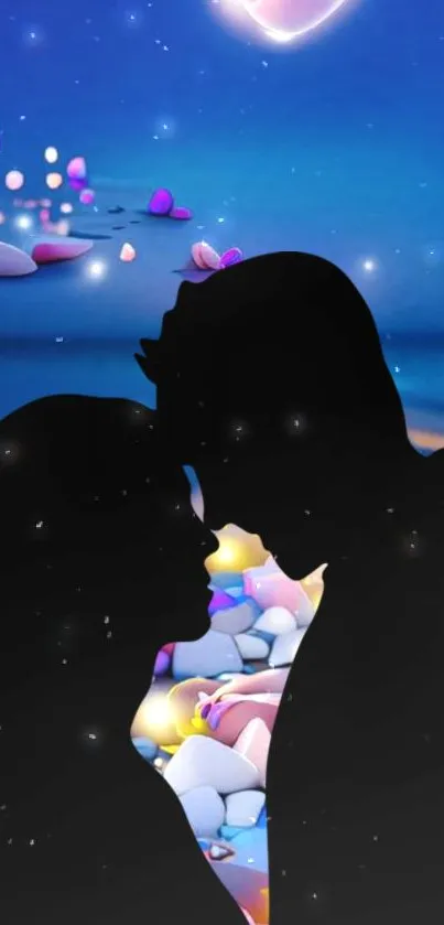 Silhouette of couple under moonlit sky with colorful stones.