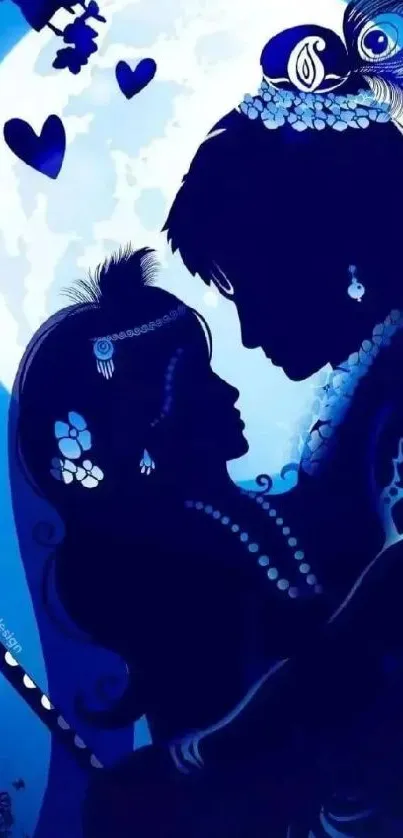 Silhouetted couple under a full moon with blue hues and heart shapes.
