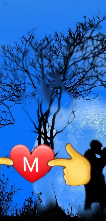 Silhouette couple embracing under a moonlit blue sky with a heart icon.