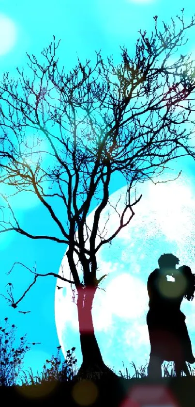 Couple kissing under a full moon with a silhouetted tree.