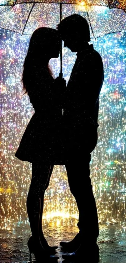 Romantic couple silhouette under a vibrant rain.