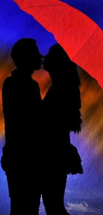 Romantic couple kissing under a red umbrella with blue background.