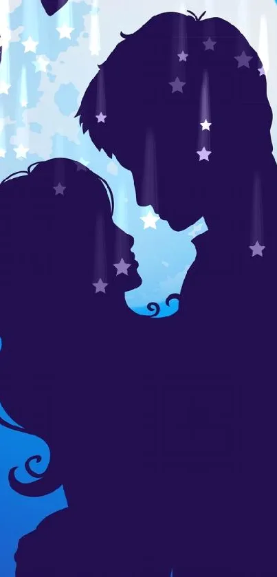 Silhouette of a couple embracing under a moonlit sky with heart shapes.