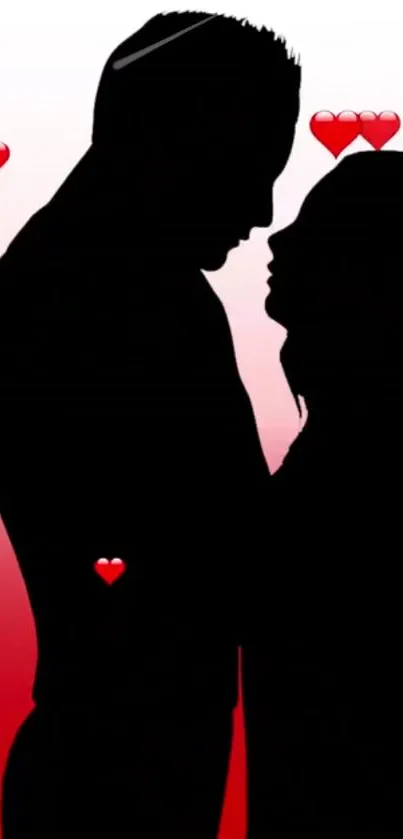 Silhouette of a couple with red hearts on a gradient red background wallpaper.