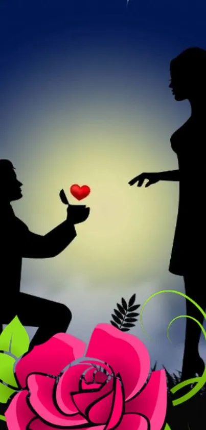 Silhouette of couple proposing under moonlight with a rose illustration.