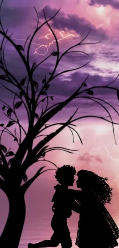 Silhouette of couple under a purple sky with lightning and tree.