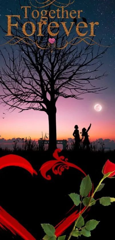 Romantic wallpaper with couple silhouette at sunset and 'Together Forever' text.