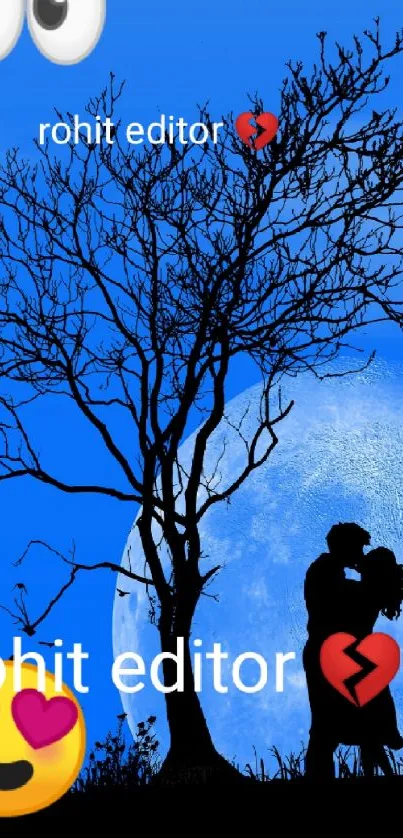 Couple silhouette under moonlit blue sky.