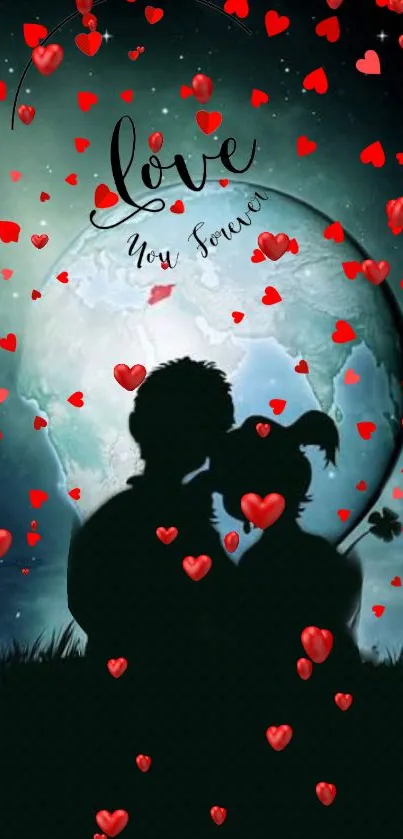 Romantic couple silhouette under moon with red hearts falling.