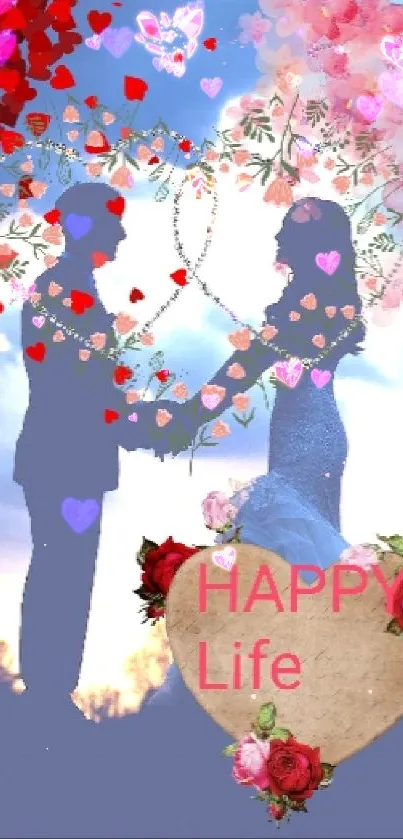 Romantic silhouette of couple with clouds and artistic heart design.