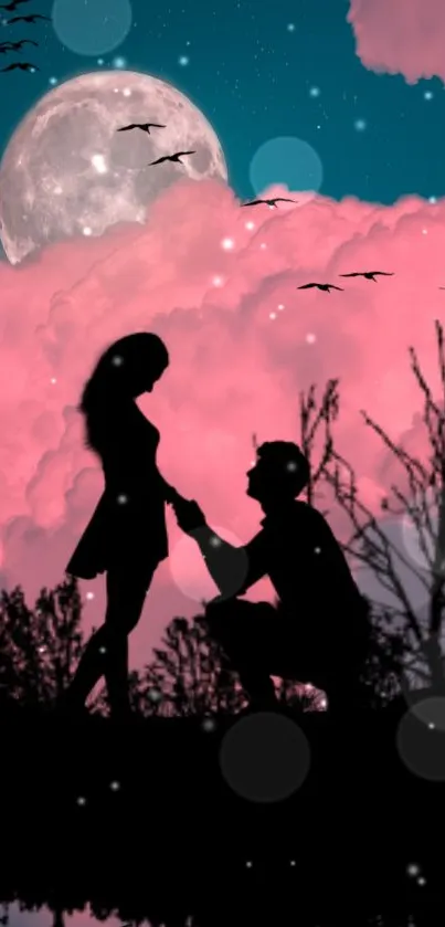 Silhouette of a couple under a pink sky with a moon and birds.