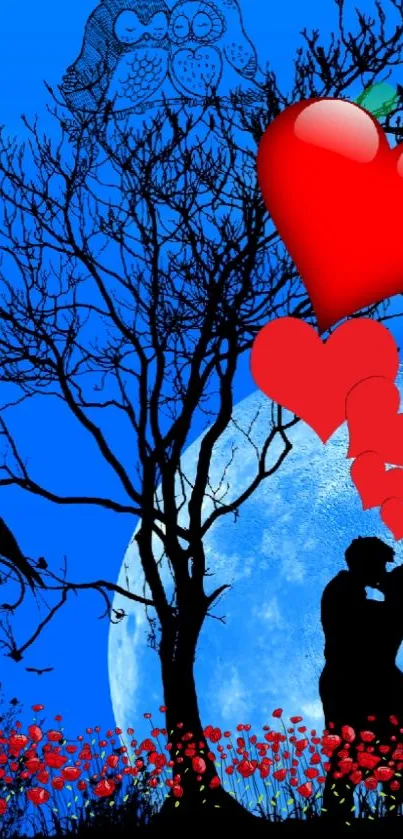 Romantic silhouette of couple with red hearts and moonlit background.