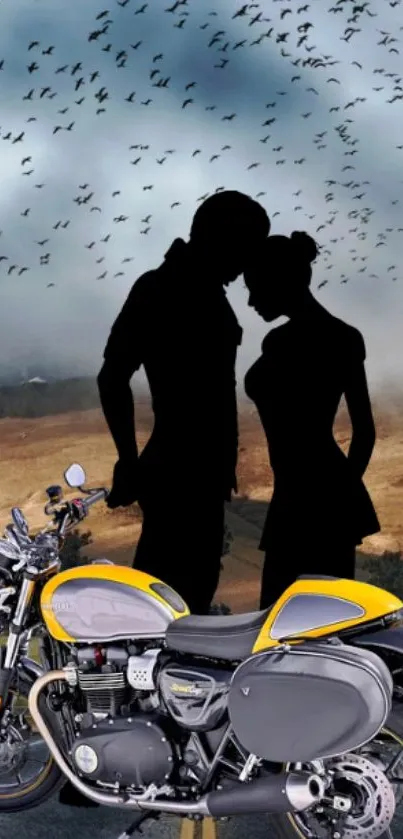 Silhouette of couple with motorcycle and scenic background.