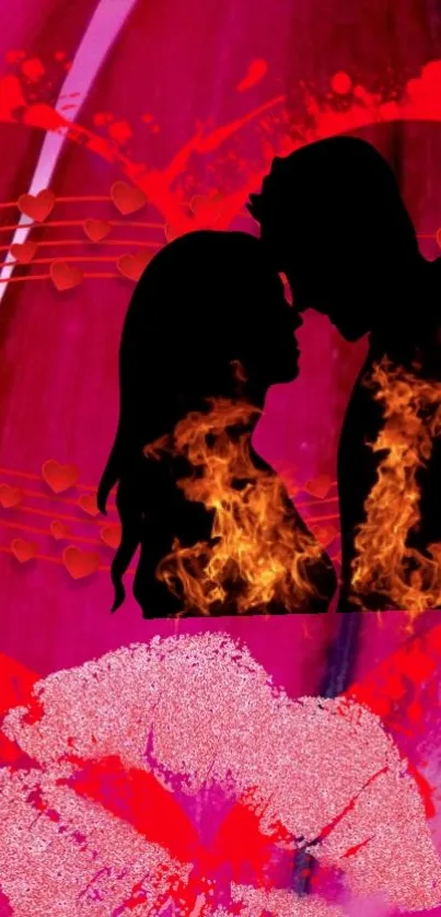 Couple silhouette against red background with flaming details.