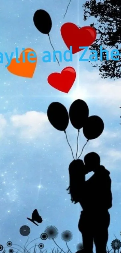 Silhouette of a couple with balloons under a night sky.