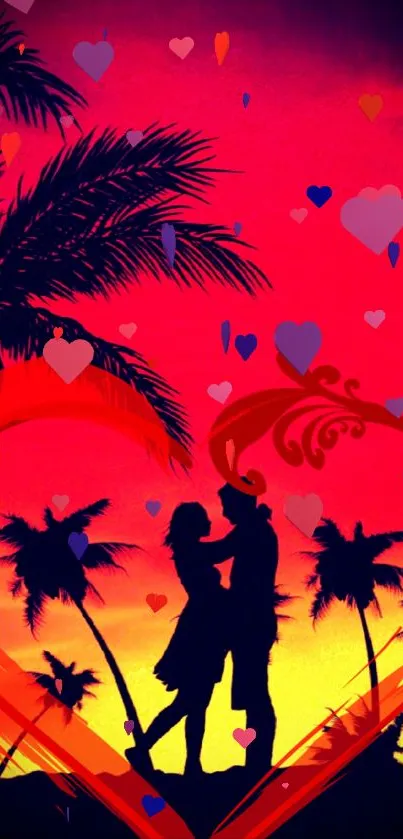 Silhouette of couple with hearts at sunset.