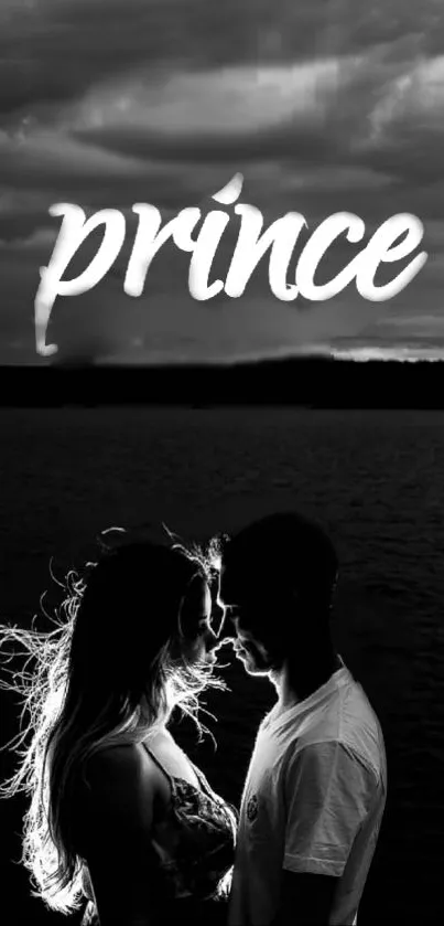 Black and white couple silhouette under a cloudy sky with text 'Prince'.